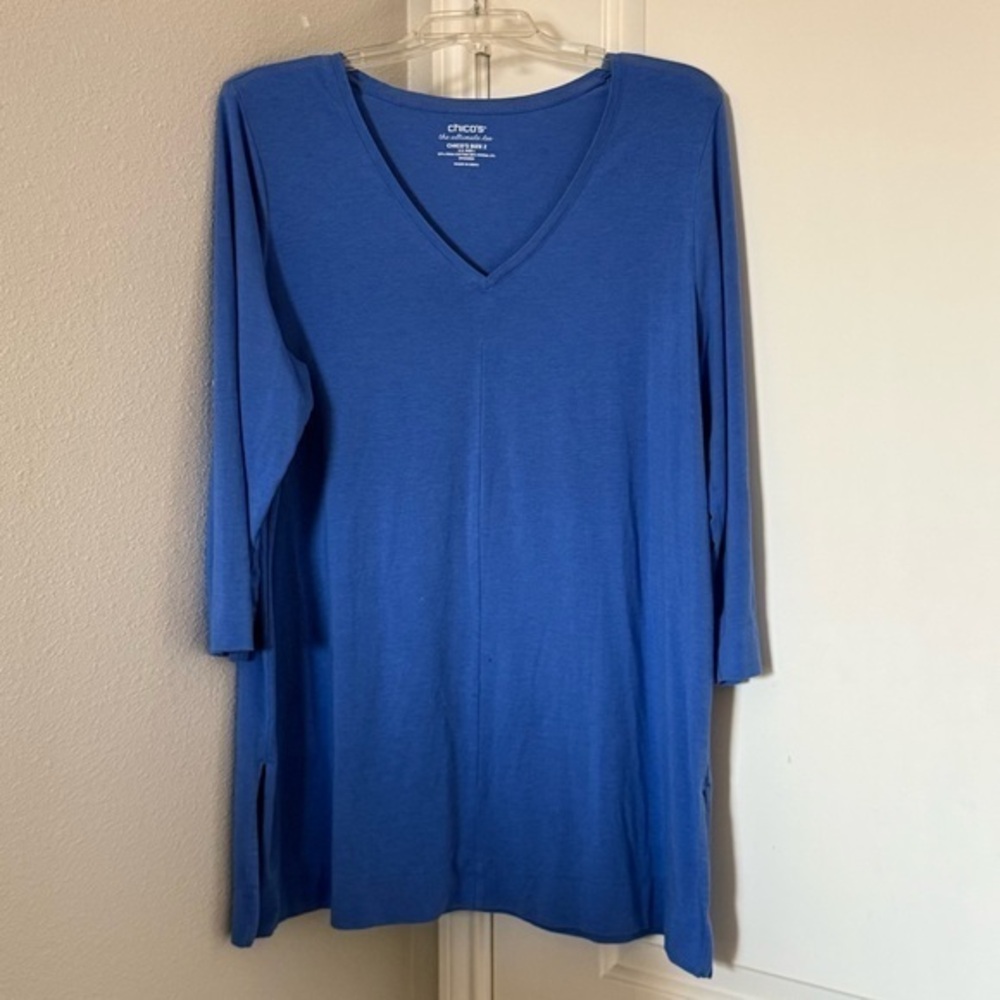 Chico's Ultimate Tee V-neck 3/4 Sleeve Pima Cotton Blue Tunic Sz Lrg - Picture 3 of 6